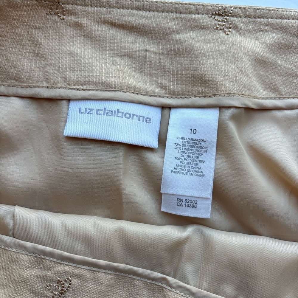 Vintage Womens 10 Silk Linen Midi Skirt Tan Embroidered Beaded Sequin A-Line - Picture 5 of 10